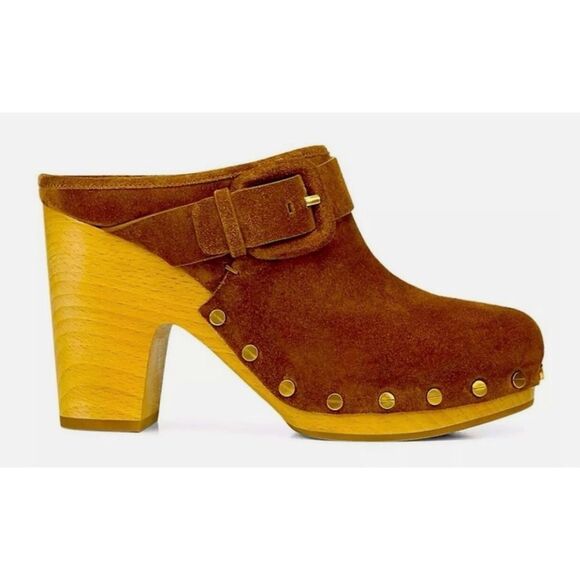 Veronica Beard Dacey Heeled Slip On Clogs Brown Suede Clogs Gold Accents Sz 11 - Picture 2 of 15